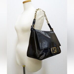 Fendi Black Patent Leather Shoulder Bag with Gold Chain